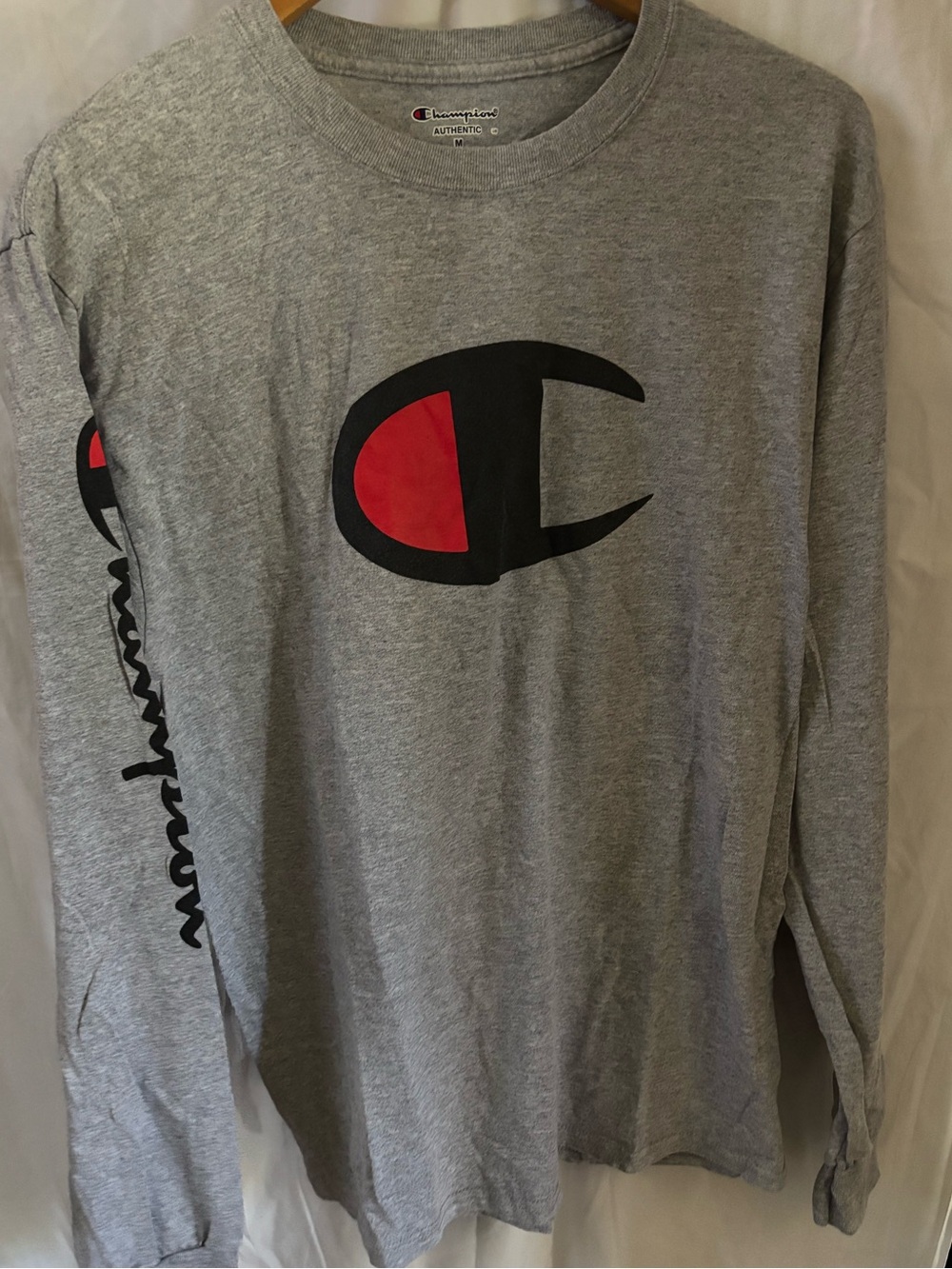 Champion Gray Long Sleeve Tee with Red & Black Logo